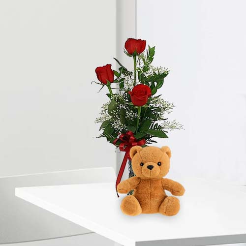 3 Rose With Teddy-Delivery Flowers And Teddy Bear