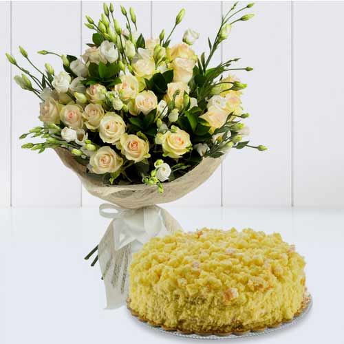 White Flower And Cake-Cake Delivery With Flowers