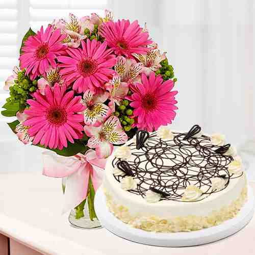 Pink Flower And Cake-Cake And Flowers Home Delivery