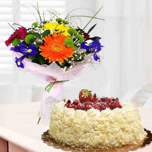 Gerbera And Cake-Birthday Cake Flowers Delivery