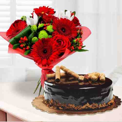 Bouquet Of Flowers And Cake-Birthday Cake And Flowers Online Delivery
