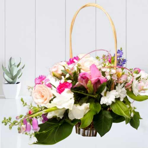 Pink And White Flower Basket-Flower Arrangement For Mom