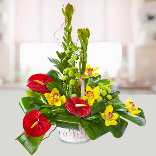 Anthurium And Yellow Flower-Mum Floral Arrangements
