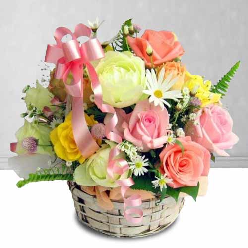 Basket of Roses and Seasonal Flower-Gift Basket to Italy