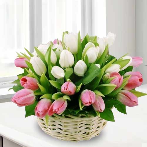 Pink And White Tulip Basket-Flower Bouquet For Her