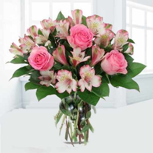Pink Astromerias And Rose-Mother's Day Bouquet
