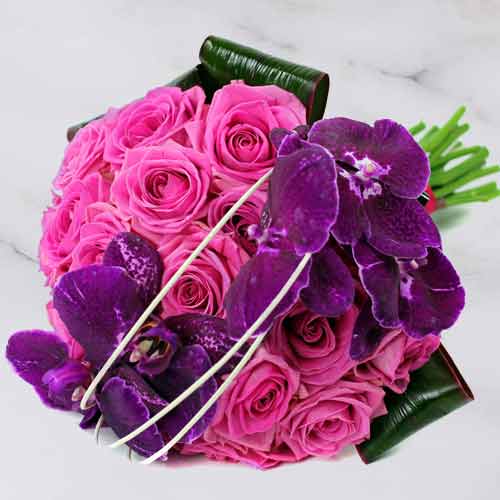 Rose And Purple Orchids-Flower Basket For Mom