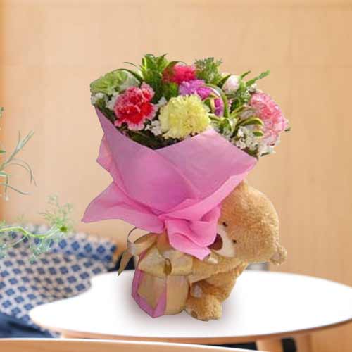 Mixed Seasonal Flower And Soft Toy-Flowers For New Mothers
