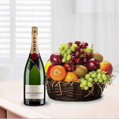 Fruits Basket With Moet Champagne-Thank You Fruit Basket Delivery