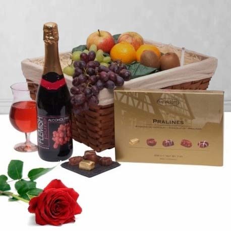 Wine Chocolates And Rose-Birthday Edible Fruit Baskets