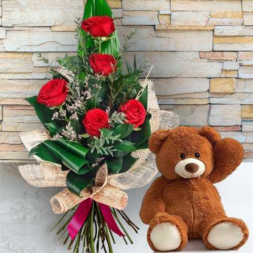 Teddy Bear & Red Rose Gift Arrangement For Italy Romantic Celebrations