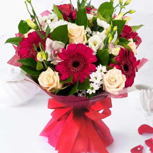 Ivory Rose, Red Gerbera & Orchid Bouquet For Italy Special Gifting