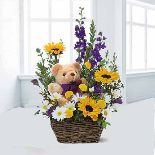 Teddy With Flower Basket-Birthday Gift Ideas For Her
