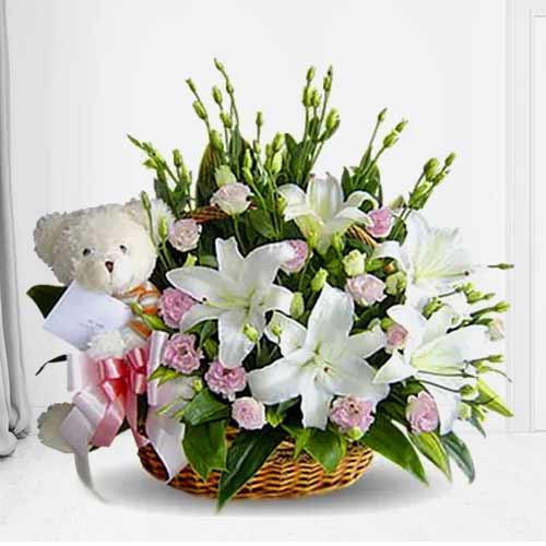 Elegant Wishes With Plush-Flower Basket With Teddy Bear