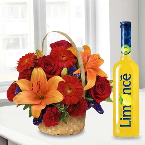 Seasonal Flower Basket N Limoncello-Best Birthday Presents For Sister