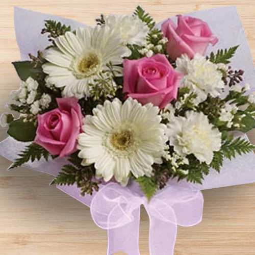 Pink Roses And White Gerberas-Birthday Gift For Friend Long Distance