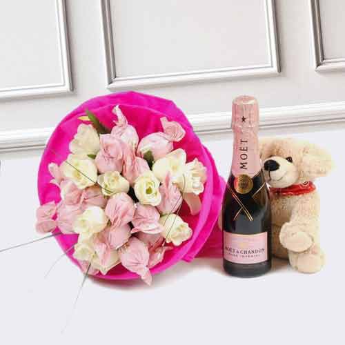 Mini Champagne Puppy And Bouquet-Spouse Birthday Gift Ideas