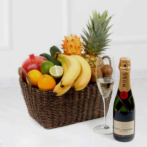 Lust With Exotic Fruits And Moet-Fruit Basket For Anniversary