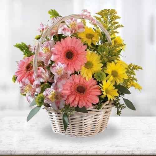 Pink And Yellow Flower Basket-Get Well Flowers For Her