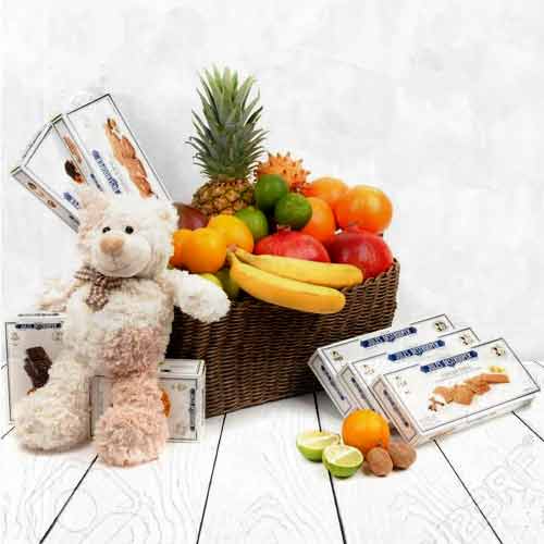 Teddy With Fruits And Biscuits