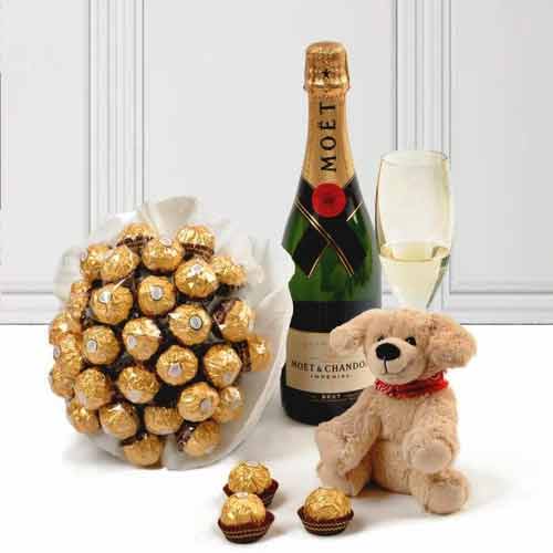 A Friendly Basket With Moet And Ferrero-Christmas Basket Ideas For Girlfriend
