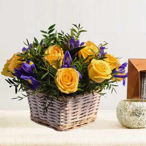 Basket Of Yellow N Blue Flowers-Birthday Present For Female Friend