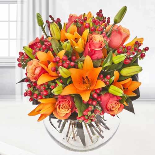 Bouquet Of Orange Roses N Lilies-Wedding Anniversary Flowers Delivery