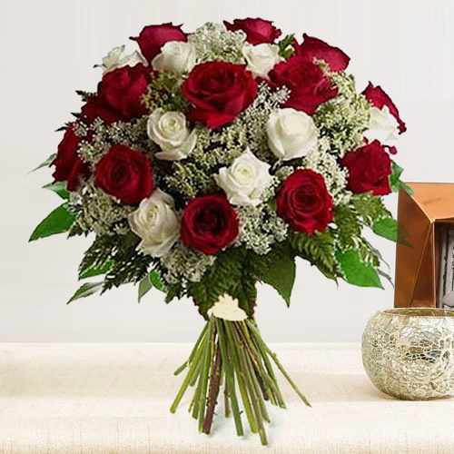 Bouquet Of Red N White Roses-Birthday Floral Arrangement
