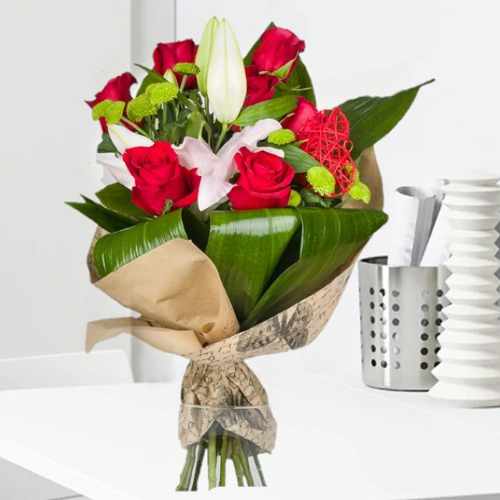 Bouquet Of Red Roses N White Lilies-Gifts For Gf Birthday