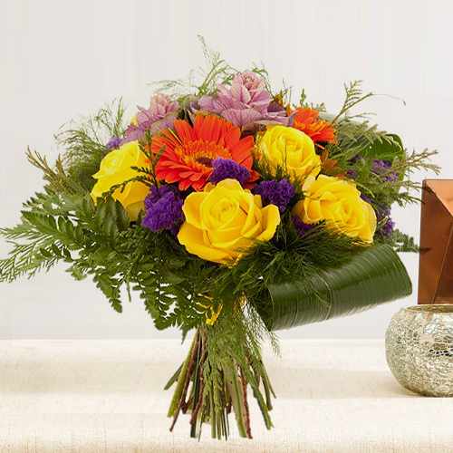 Bouquet Of Yellow Orange N Purple Flowers-Best Gift For Sister Birthday
