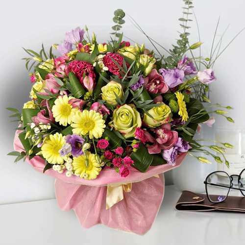 Bouquet Of Yellow Orange N Purple Flowers