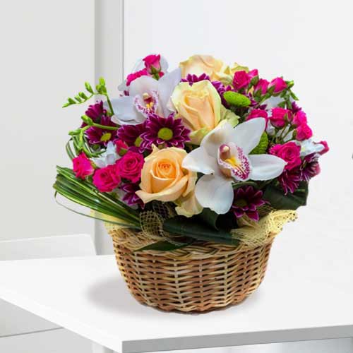 Colorful Flowers In A Basket-Send Your Mom Flowers