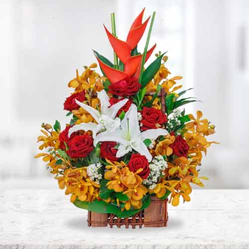 Arrangement Of Red, Orange N White Flowers-Modern Funeral Floral Arrangements