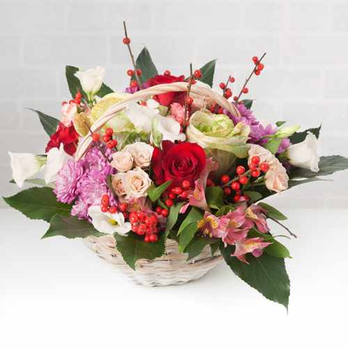 Mixed Flowers In Red, White N Purple Basket-Gifts For Future Grandma