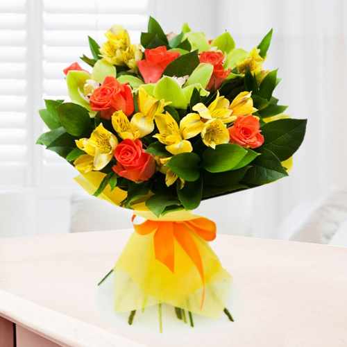 Orange Roses With Yellow  Alstromeria-Presents For Wife
