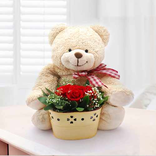 Peluche N Red Roses Basket-Teddy And Rose Basket Italy