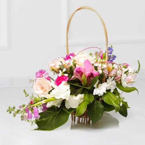 Pink N White Flowers In A Basket-Flowers For Girlfriend Italy