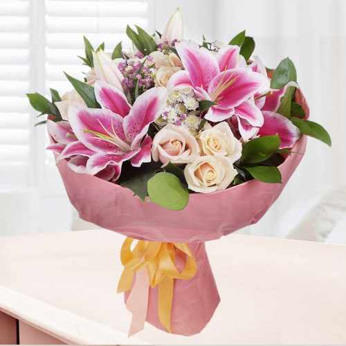 Pink Lilies N White Roses Bouquet-Apology Flowers For Girlfriend