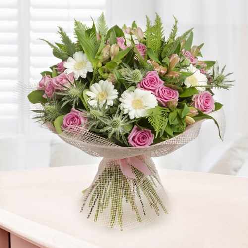 Pink Roses N Gerberas Bouquet-Flowers For Sister Birthday