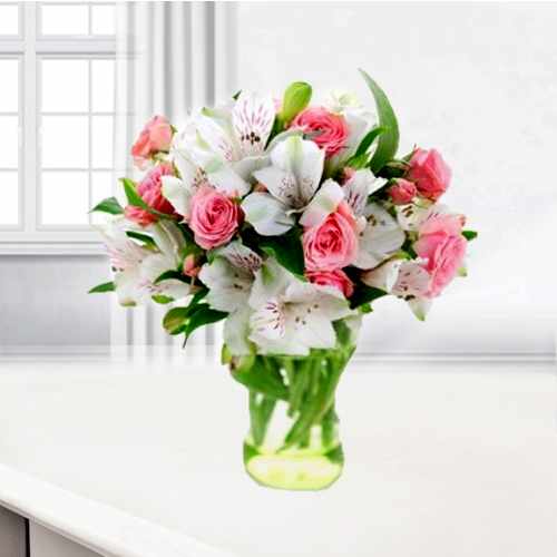 Pink Roses N White Alstromerias-Birthday Flowers Sister