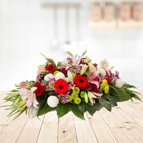 Pink, Purple N Red Flowers Funeral Spray-Flowers To Give To Someone Grieving