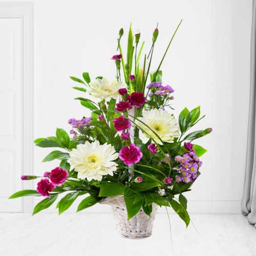 Purple N White Funeral Flower Basket Arrangement-Congratulations Flower Arrangements