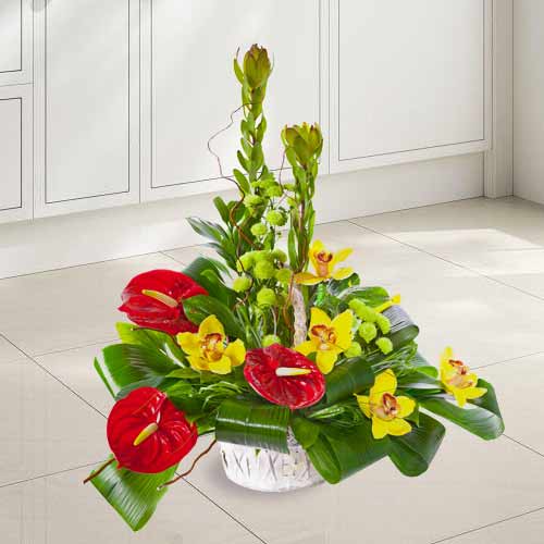 Red Anthurium N Yellow Flowers Centerpiece-Xmas Flower Arrangement