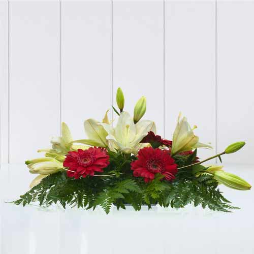 Red Gerberas N White Lilies Funeral Arrangement