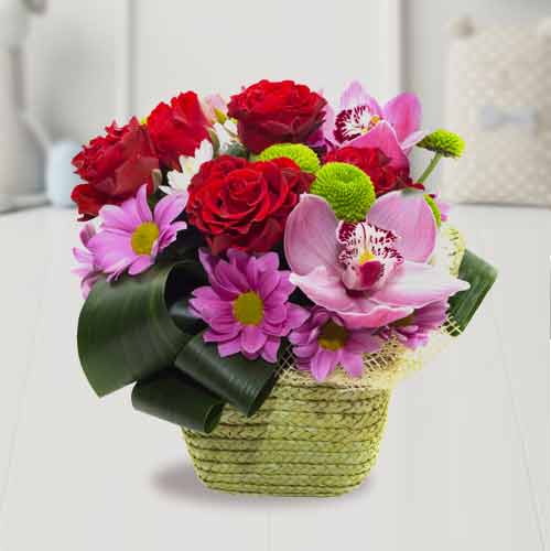Red Roses N Purple Flowers Basket-Flower Bouquet Congratulations