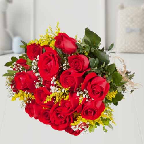 Red Roses With Mimosa Bouquet-Women's Day Mimosa Flower