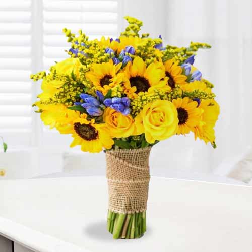 Sunflowers N Blue Flowers Bouquet-Flowers For Forgiveness