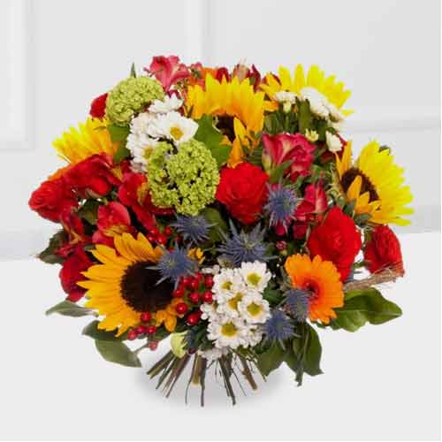 Sunflowers With Red N Orange Flowers Bouquet-Apology Flowers For Girlfriend
