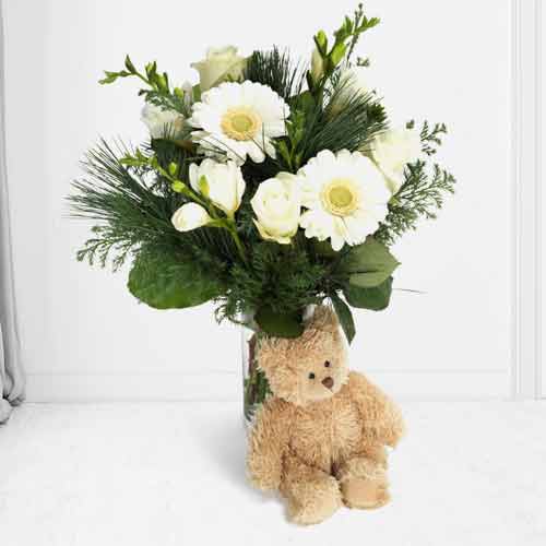 White Flowers Bouquet With Teddy Bear-Gift Ideas For Sister