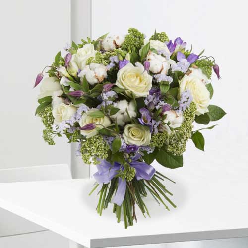 White Roses N Purple Flowers Funeral Bouquet-Next Day Funeral Flower Delivery